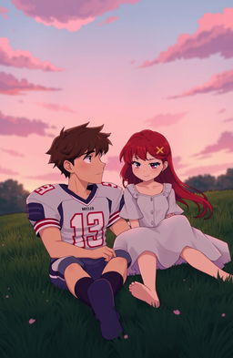 A melancholic romance scene featuring a handsome quarterback and a girl with stunning red hair, who is youthful yet showing a hint of past trauma in her expressive eyes