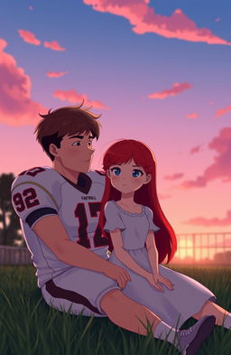 A melancholic romance scene featuring a handsome quarterback and a girl with stunning red hair, who is youthful yet showing a hint of past trauma in her expressive eyes