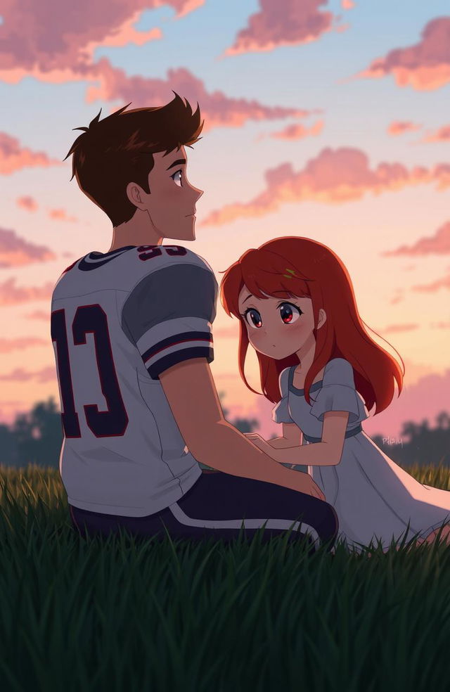 A melancholic romance scene featuring a handsome quarterback and a girl with stunning red hair, who is youthful yet showing a hint of past trauma in her expressive eyes