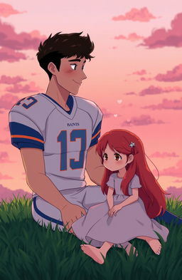 A melancholic romance scene featuring a handsome quarterback and a girl with stunning red hair, who is youthful yet showing a hint of past trauma in her expressive eyes