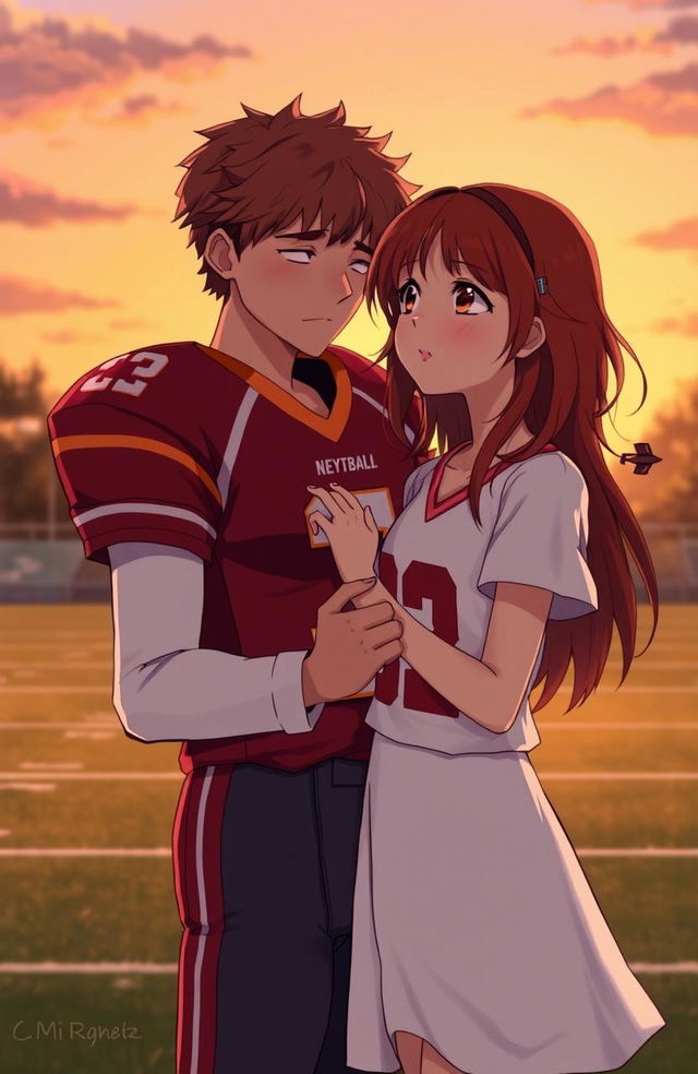 A melancholic romance scene depicting a quarterback and a traumatized girl with red hair