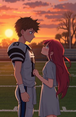 A melancholic romance scene depicting a quarterback and a traumatized girl with red hair
