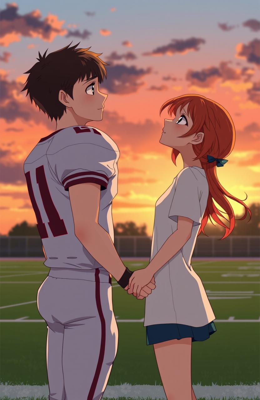 A melancholic romance scene depicting a quarterback and a traumatized girl with red hair