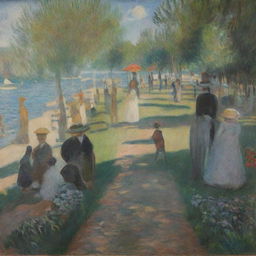 In the style of Claude Monet, illustrate a crowd of people facing the viewer with a distinctive pathway cutting through the middle. The lively impressionistic strokes add movement and color, while the path adds a depth and perspective to the scene.