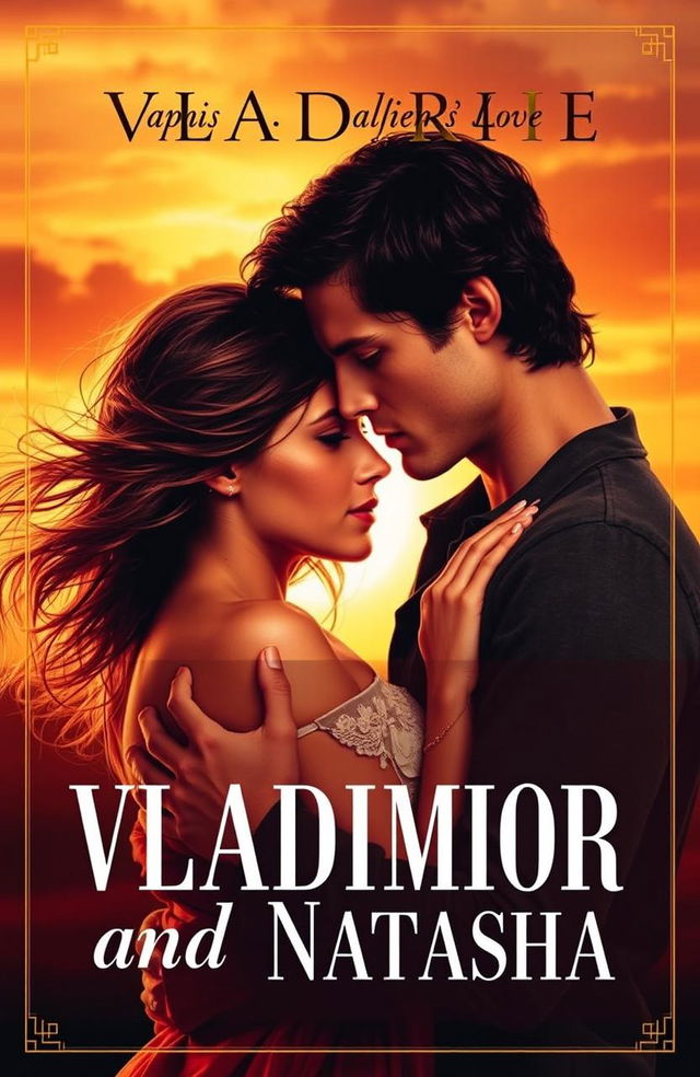 A romantic book cover for 'Vladimir and Natasha' depicting a passionate couple in a dramatic pose reminiscent of Romeo and Juliet