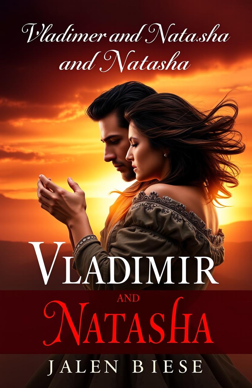 A romantic book cover for 'Vladimir and Natasha' depicting a passionate couple in a dramatic pose reminiscent of Romeo and Juliet