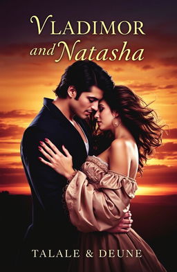 A romantic book cover for 'Vladimir and Natasha' depicting a passionate couple in a dramatic pose reminiscent of Romeo and Juliet