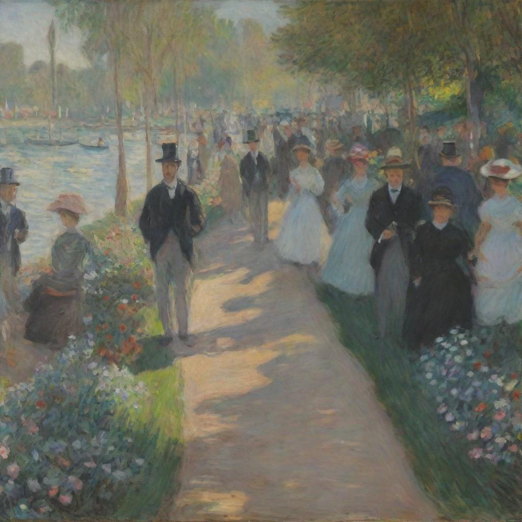 In the style of Claude Monet, illustrate a crowd of people facing the viewer with a distinctive pathway cutting through the middle. The lively impressionistic strokes add movement and color, while the path adds a depth and perspective to the scene.