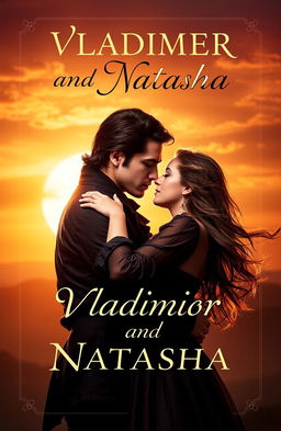 A romantic book cover for 'Vladimir and Natasha' depicting a passionate couple in a dramatic pose reminiscent of Romeo and Juliet