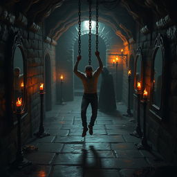 A creepy magical basement featuring a central scene with a man bound in infernal chains, suspended off the ground