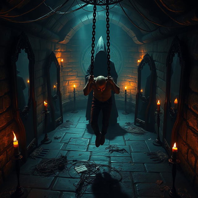 A creepy magical basement featuring a central scene with a man bound in infernal chains, suspended off the ground