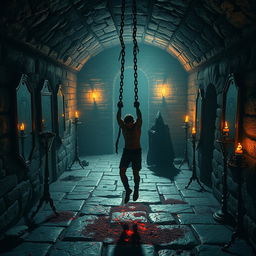A creepy magical basement featuring a central scene with a man bound in infernal chains, suspended off the ground