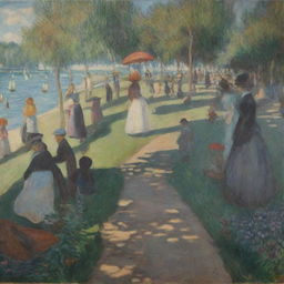 In the style of Claude Monet, illustrate a crowd of people facing the viewer with a distinctive pathway cutting through the middle. The lively impressionistic strokes add movement and color, while the path adds a depth and perspective to the scene.