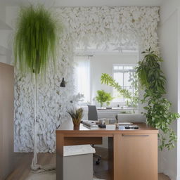 A serene and functional home office showcasing a white wall densely adorned with fake plants. The room features elements of warm wood and a predominant white color scheme.