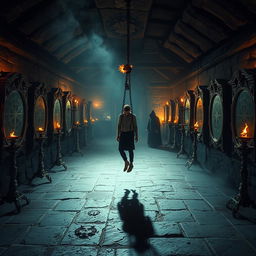 A large, creepy magical basement with a central scene featuring a man bound in infernal chains, suspended off the ground