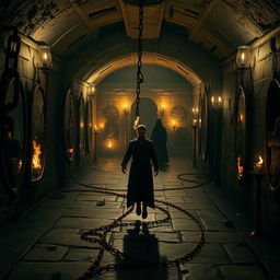 A large, creepy magical basement with a central scene featuring a man bound in infernal chains, suspended off the ground