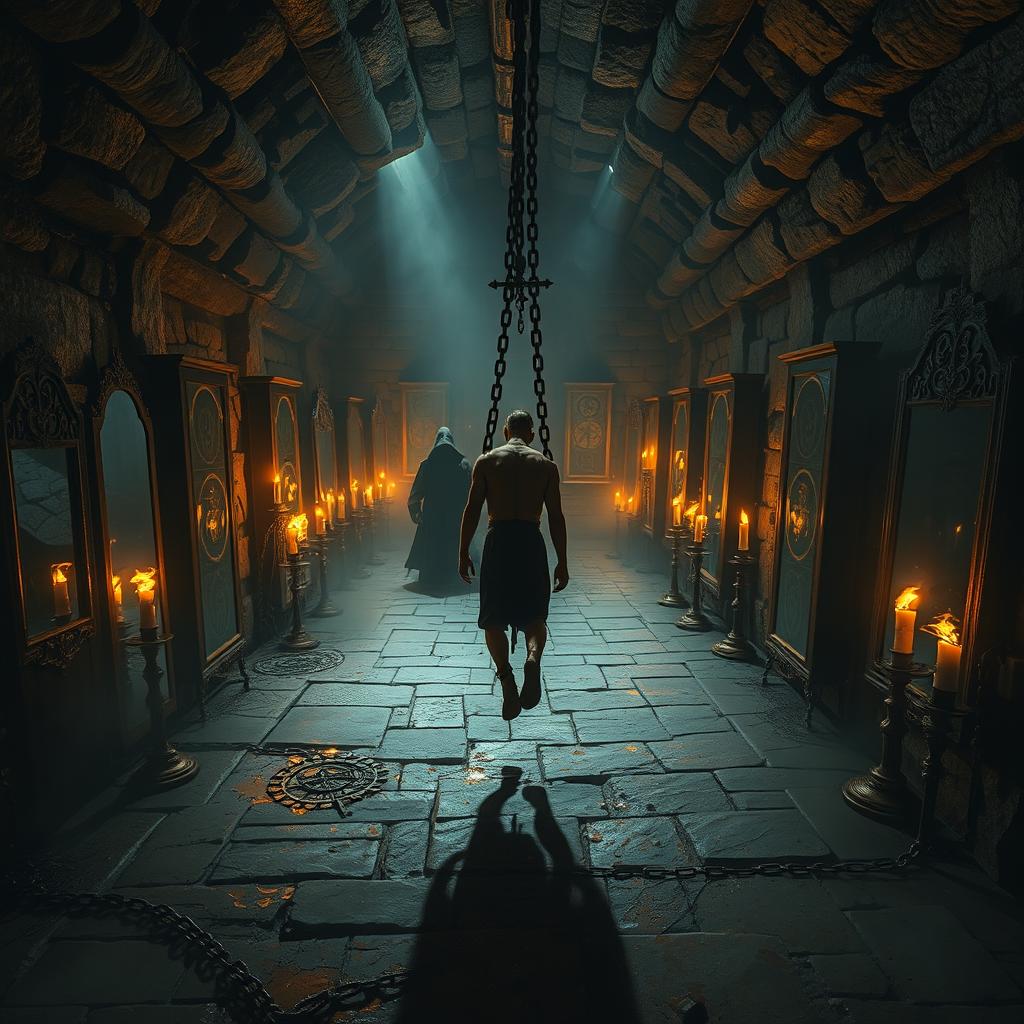 A large, creepy magical basement with a central scene featuring a man bound in infernal chains, suspended off the ground