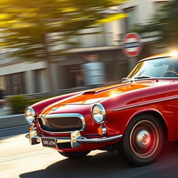 A dynamic and energetic automotive scene featuring a Volvo P1800 with a sleek front spoiler