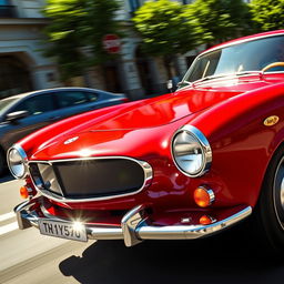 A dynamic and energetic automotive scene featuring a Volvo P1800 with a sleek front spoiler