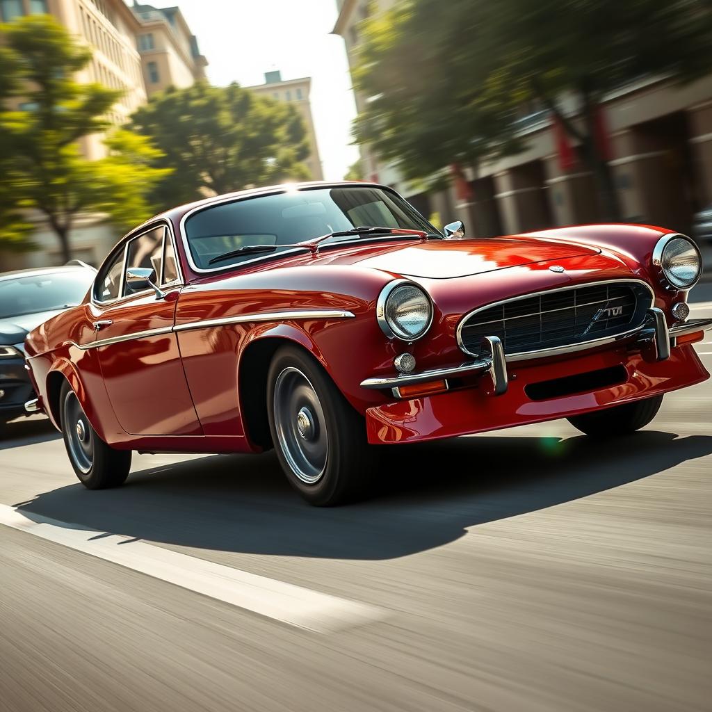 A dynamic and energetic automotive scene featuring a Volvo P1800 with a sleek front spoiler