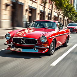 A dynamic and energetic automotive scene featuring a Volvo P1800 with a sleek front spoiler