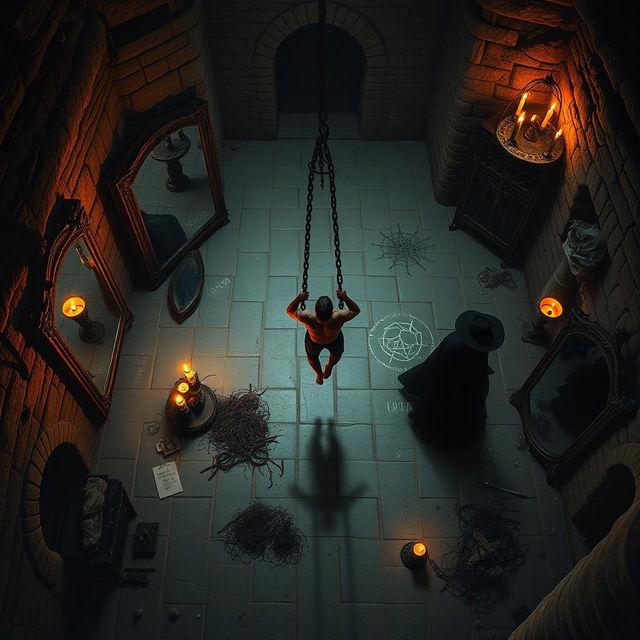 A top-down view of a very spacious magical basement, showcasing a dramatic scene at its center: a man bound in infernal chains, suspended off the ground