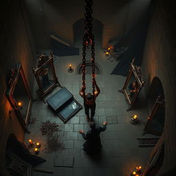 A top-down view of a very spacious magical basement, showcasing a dramatic scene at its center: a man bound in infernal chains, suspended off the ground