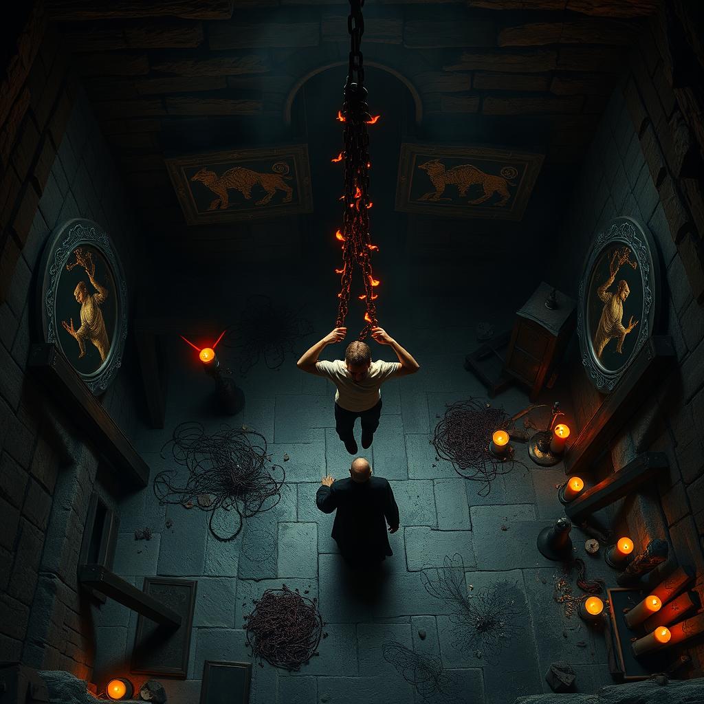 A top-down view of a very spacious magical basement, showcasing a dramatic scene at its center: a man bound in infernal chains, suspended off the ground