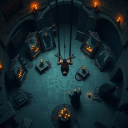 A top-down view of a very spacious magical basement, showcasing a dramatic scene at its center: a man bound in infernal chains, suspended off the ground