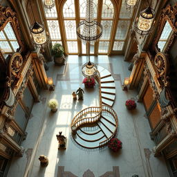 A top-down view of an opulent mansion entryway, lavishly adorned with mirrors and glass elements