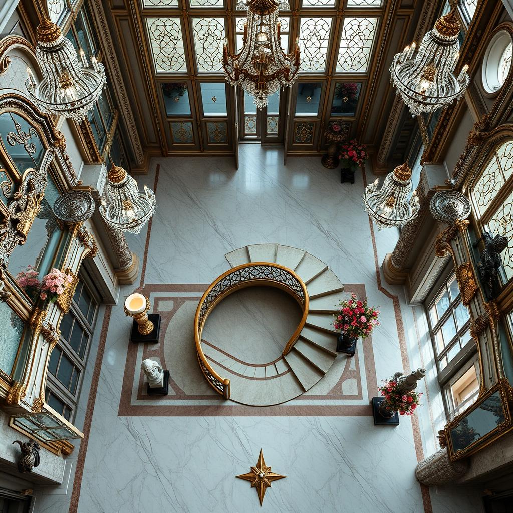 A top-down view of an opulent mansion entryway, lavishly adorned with mirrors and glass elements