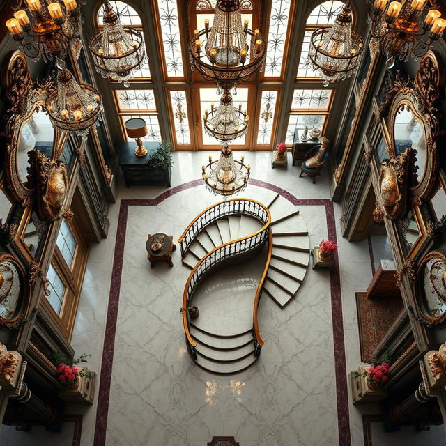 A top-down view of an opulent mansion entryway, lavishly adorned with mirrors and glass elements