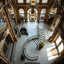 A top-down view of an opulent mansion entryway, lavishly adorned with mirrors and glass elements