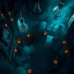 A top-down view of a magical manor at night, cloaked in an eerie and spooky atmosphere, with mirrors and glass elements throughout