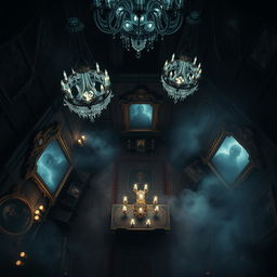 A top-down view of a magical manor at night, cloaked in an eerie and spooky atmosphere, with mirrors and glass elements throughout