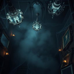 A top-down view of a magical manor at night, cloaked in an eerie and spooky atmosphere, with mirrors and glass elements throughout