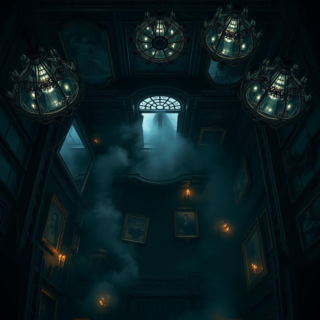 A top-down view of a magical manor at night, cloaked in an eerie and spooky atmosphere, with mirrors and glass elements throughout