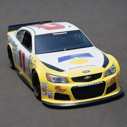 A NASCAR car from the 2010s, reflecting advancements in racing technology and design. The car features a bold and vibrant livery, high downforce spoilers, large racing tires, a sturdy roll-cage, and a powerful V8 engine