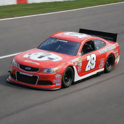 A NASCAR car from the 2010s, reflecting advancements in racing technology and design. The car features a bold and vibrant livery, high downforce spoilers, large racing tires, a sturdy roll-cage, and a powerful V8 engine