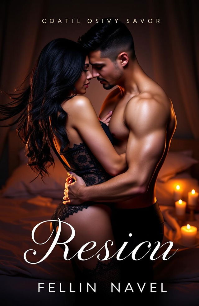 A captivating cover design for an explicit erotic novel, featuring a sensual couple entwined in a passionate embrace under dim, ambient lighting