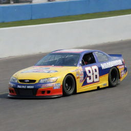 A NASCAR car from the 2000s, typical of its era with bold, colorful graphics, a low-slung body for optimal aerodynamics, roll-cage for safety, aggressive front air-intakes, and a deep, throaty V8 engine roar