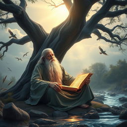 A serene and majestic scene representing wisdom and faith in God, featuring an ancient wise man with a long beard, sitting peacefully under a large, old tree with sprawling branches