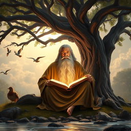 A serene and majestic scene representing wisdom and faith in God, featuring an ancient wise man with a long beard, sitting peacefully under a large, old tree with sprawling branches