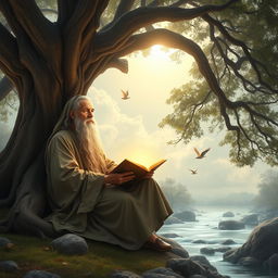 A serene and majestic scene representing wisdom and faith in God, featuring an ancient wise man with a long beard, sitting peacefully under a large, old tree with sprawling branches