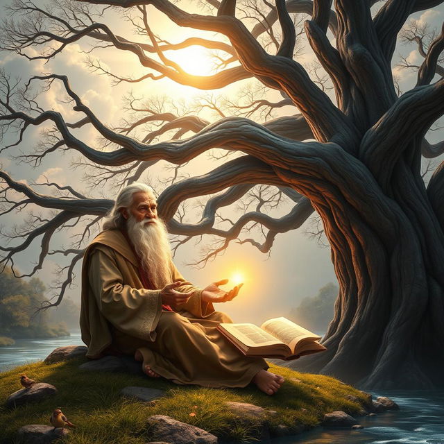 A serene and majestic scene representing wisdom and faith in God, featuring an ancient wise man with a long beard, sitting peacefully under a large, old tree with sprawling branches