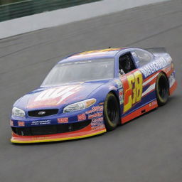 A NASCAR car from the 2000s, typical of its era with bold, colorful graphics, a low-slung body for optimal aerodynamics, roll-cage for safety, aggressive front air-intakes, and a deep, throaty V8 engine roar