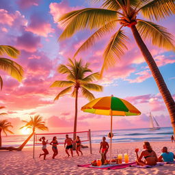A vibrant and lively scene at a tropical beach during sunset