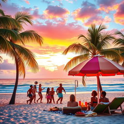 A vibrant and lively scene at a tropical beach during sunset