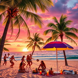 A vibrant and lively scene at a tropical beach during sunset