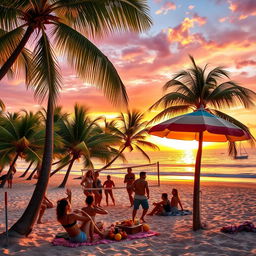 A vibrant and lively scene at a tropical beach during sunset